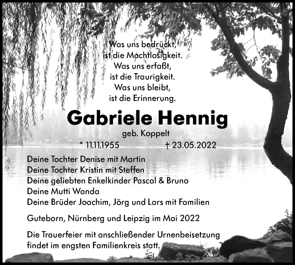  Traueranzeige für Gabriele Hennig vom 11.06.2022 aus lausitzer_rundschau