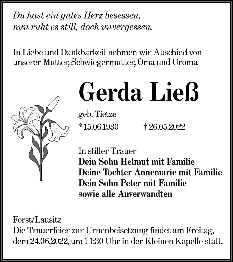  Traueranzeige für Gerda Ließ vom 11.06.2022 aus lausitzer_rundschau
