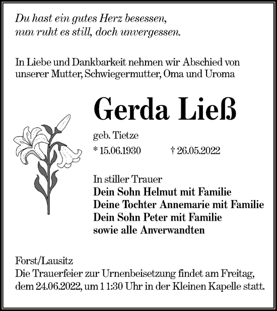 Traueranzeige von Gerda Ließ von lausitzer_rundschau