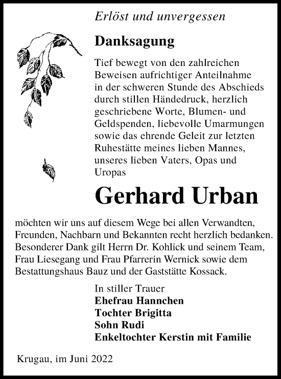Traueranzeige von Gerhard Urban von lausitzer_rundschau