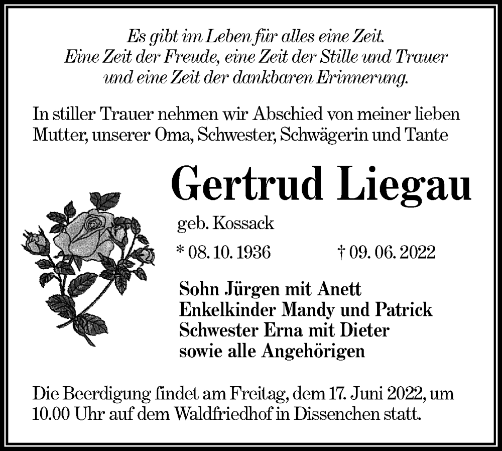  Traueranzeige für Gertrud Liegau vom 14.06.2022 aus lausitzer_rundschau