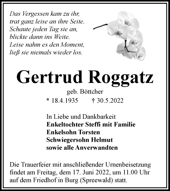 Traueranzeige von Gertrud Roggatz von lausitzer_rundschau