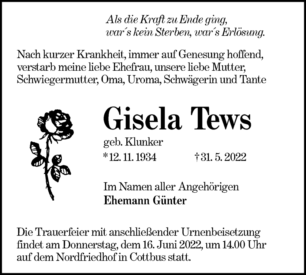  Traueranzeige für Gisela Tews vom 04.06.2022 aus lausitzer_rundschau