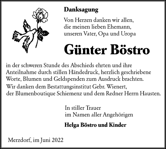 Traueranzeige von Günter Böstro von lausitzer_rundschau