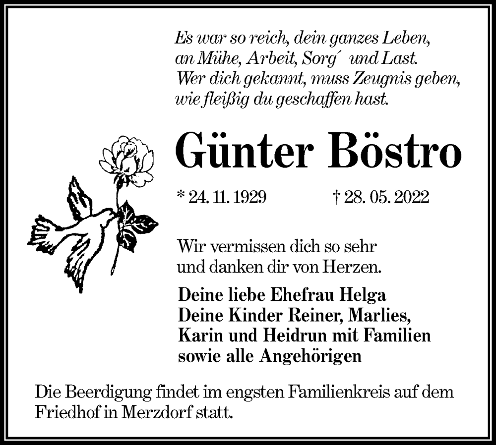  Traueranzeige für Günter Böstro vom 02.06.2022 aus lausitzer_rundschau