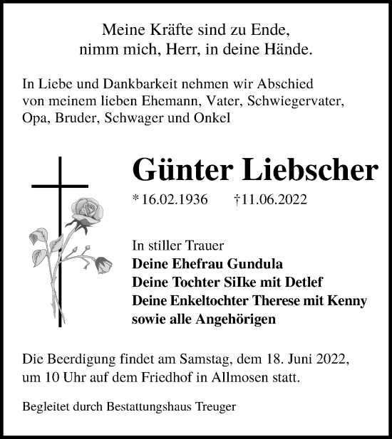 Traueranzeige von Günter Liebscher von lausitzer_rundschau