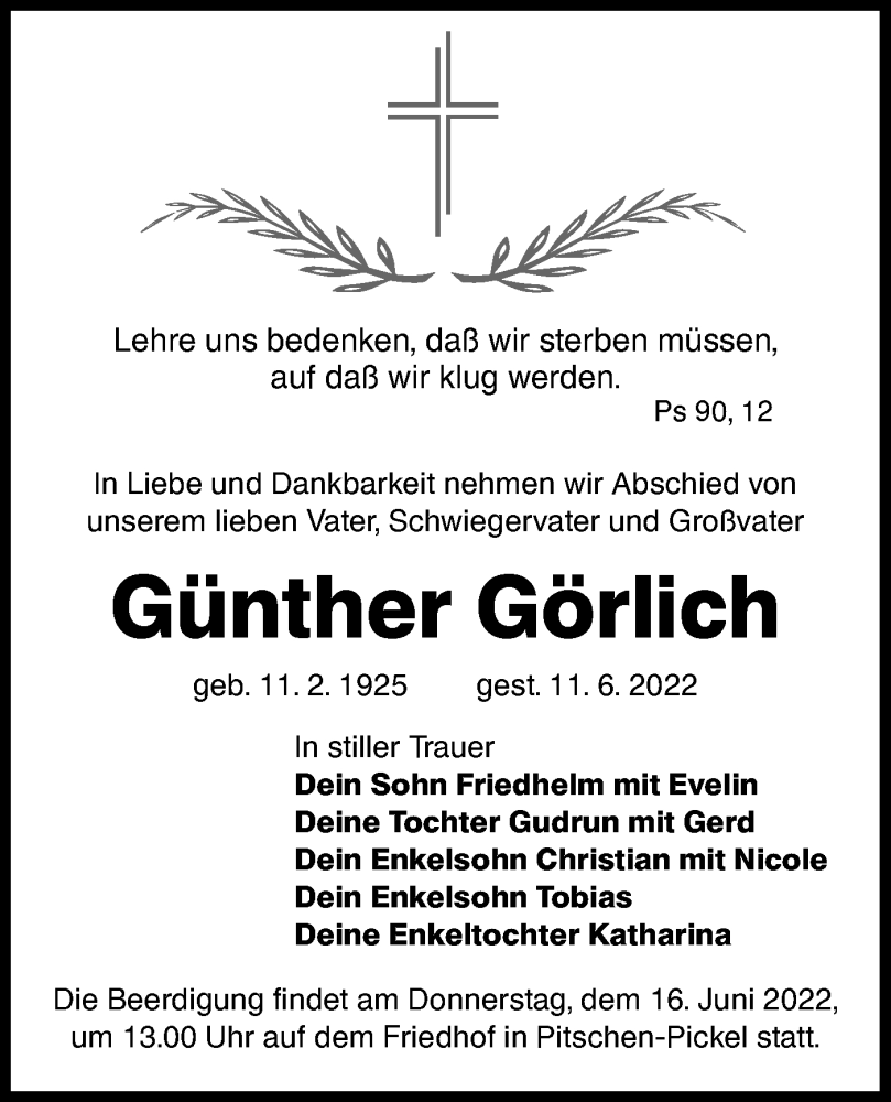  Traueranzeige für Günther Görlich vom 15.06.2022 aus lausitzer_rundschau