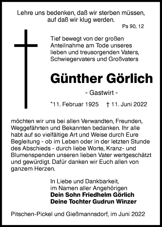 Traueranzeige von Günther Görlich von lausitzer_rundschau
