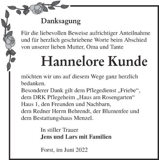 Traueranzeige von Hannelore Kunde von lausitzer_rundschau