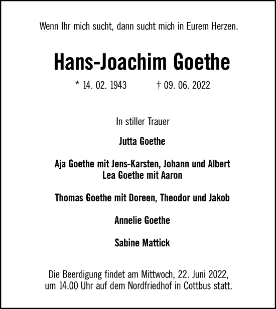 Traueranzeige von Hans-Joachim Goethe von lausitzer_rundschau