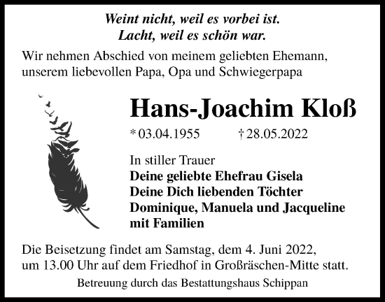 Traueranzeige von Hans-Joachim Kloß von lausitzer_rundschau