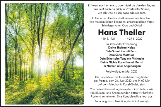 Traueranzeige von Hans Theiler von lausitzer_rundschau