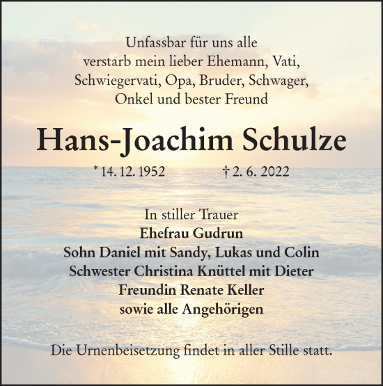 Traueranzeige von Hans Joachim Schulze von lausitzer_rundschau