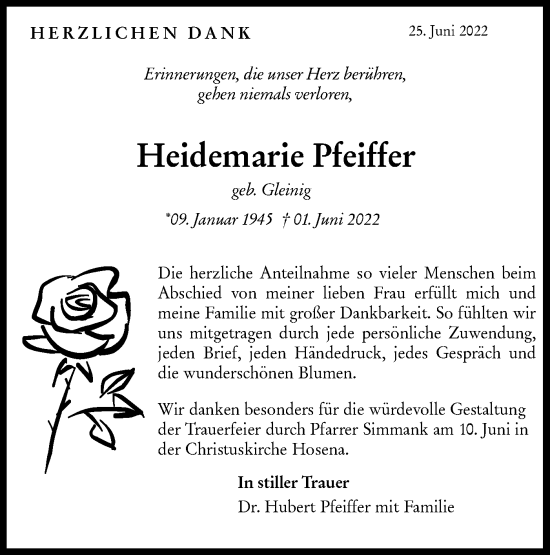 Traueranzeige von Heidemarie Pfeiffer von lausitzer_rundschau