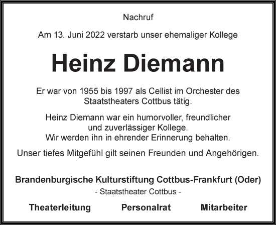 Traueranzeige von Heinz Diemann von lausitzer_rundschau