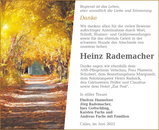 Traueranzeige von Heinz Rademacher von lausitzer_rundschau