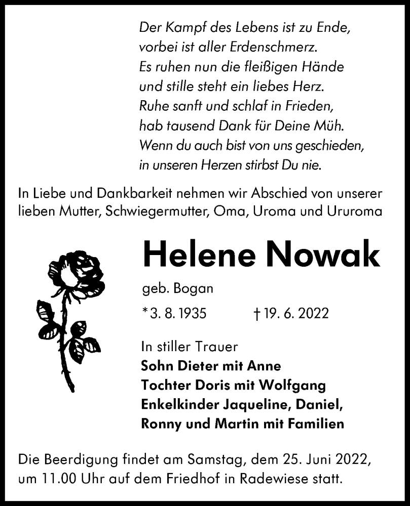  Traueranzeige für Helene Nowak vom 22.06.2022 aus lausitzer_rundschau