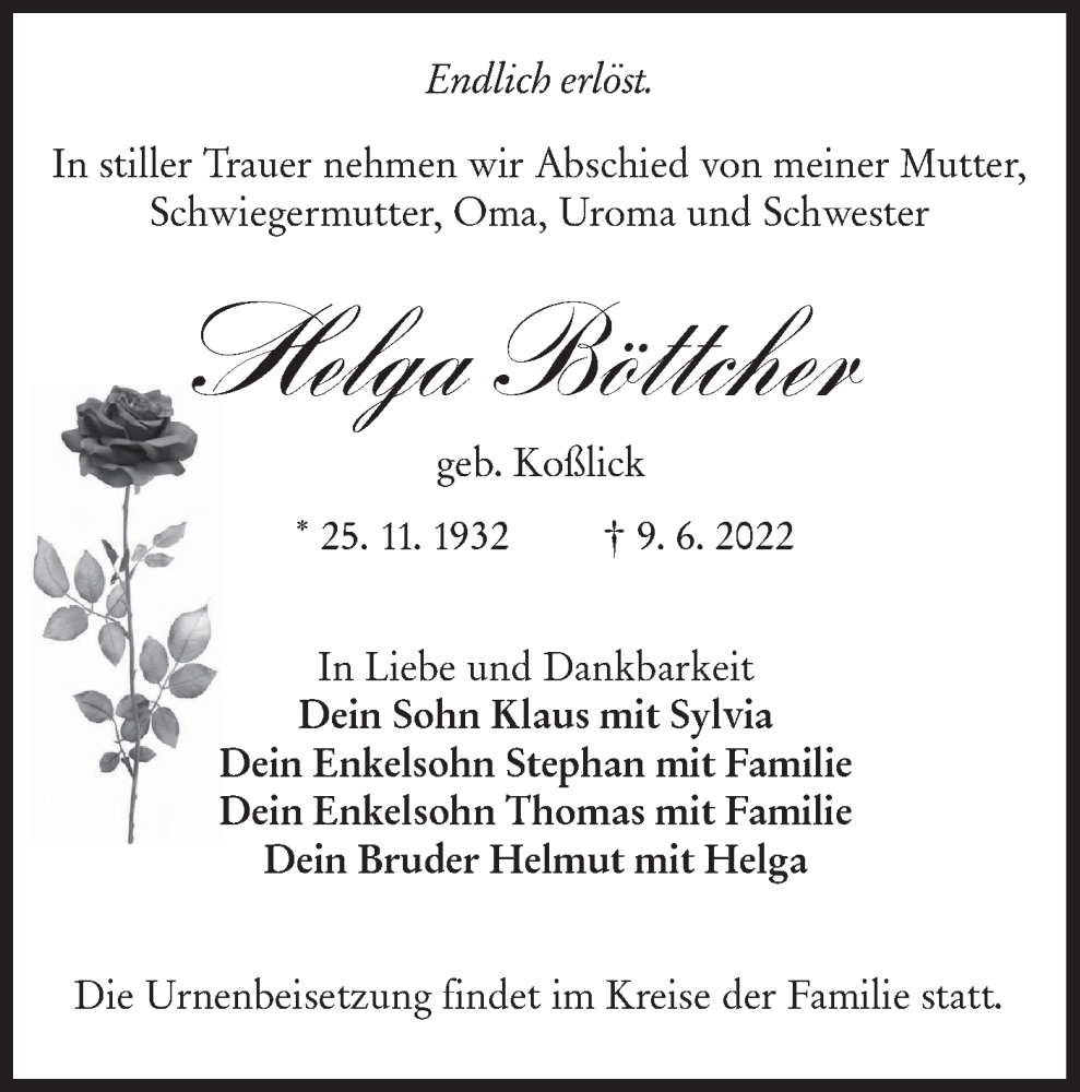  Traueranzeige für Helga Böttcher vom 25.06.2022 aus lausitzer_rundschau