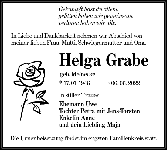 Traueranzeige von Helga Grabe von lausitzer_rundschau