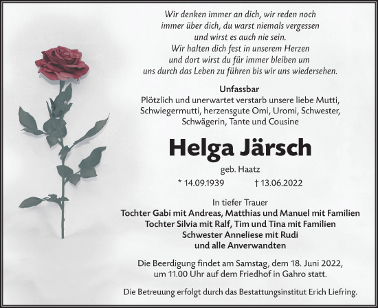 Traueranzeige von Helga Järsch von lausitzer_rundschau