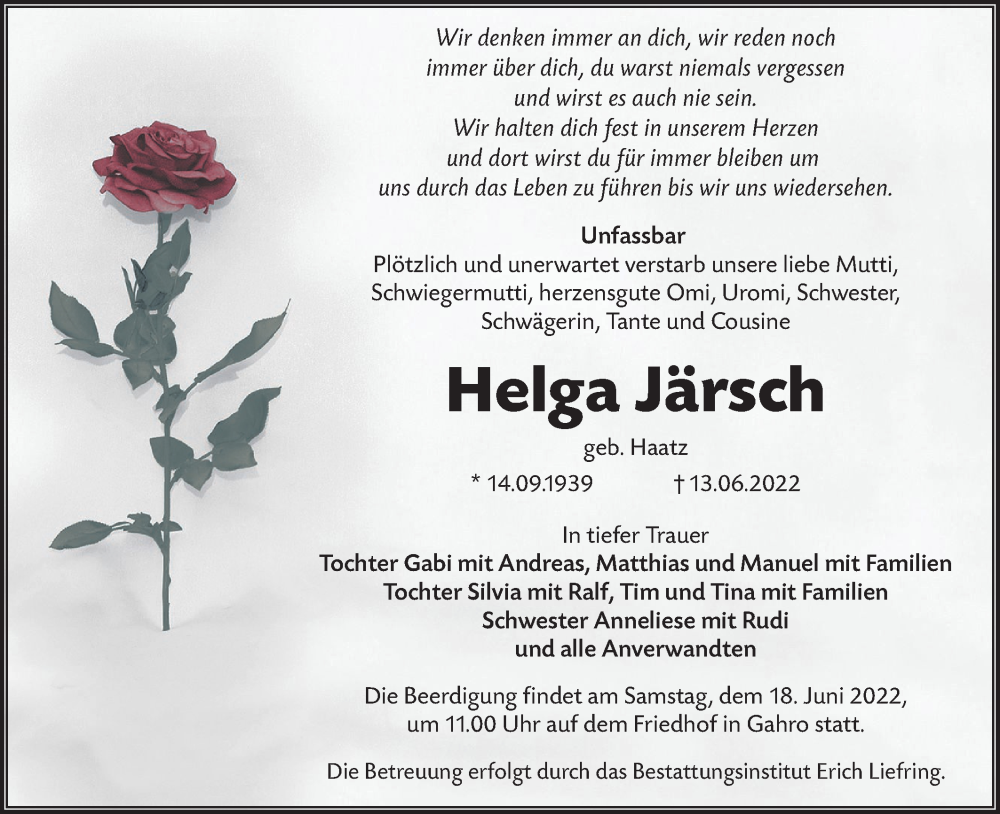  Traueranzeige für Helga Järsch vom 15.06.2022 aus lausitzer_rundschau