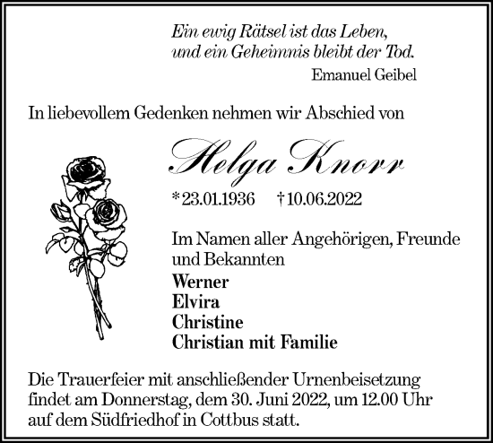 Traueranzeige von Helga Knorr von lausitzer_rundschau