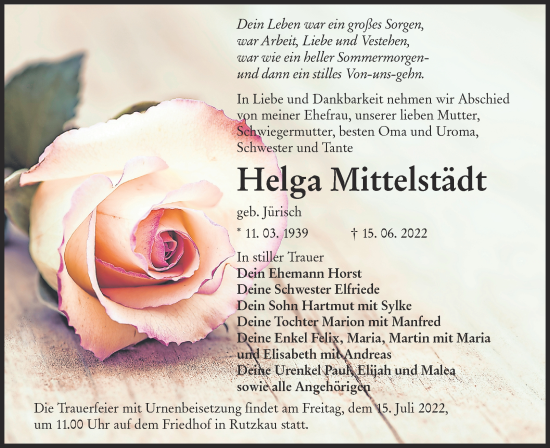 Traueranzeige von Helga Mittelstädt von lausitzer_rundschau