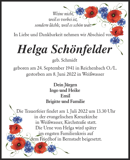 Traueranzeige von Helga Schönfelder von lausitzer_rundschau