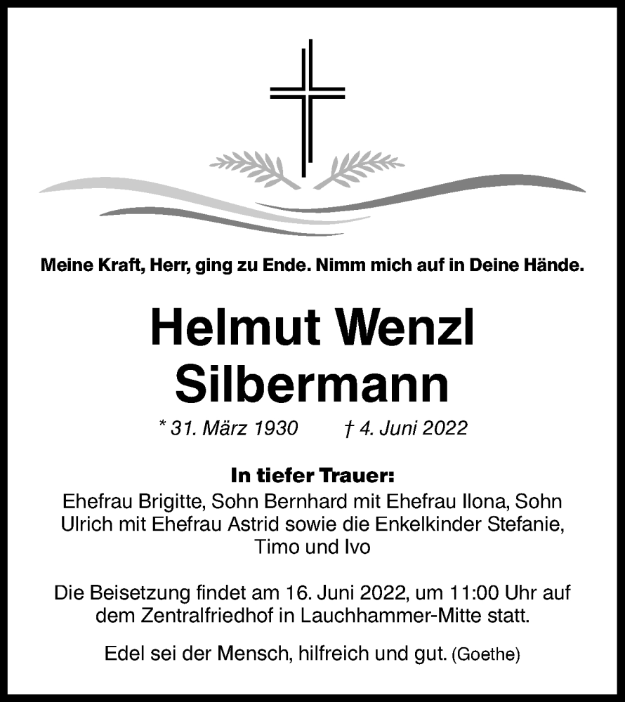  Traueranzeige für Helmut Wenzl Silbermann vom 11.06.2022 aus lausitzer_rundschau