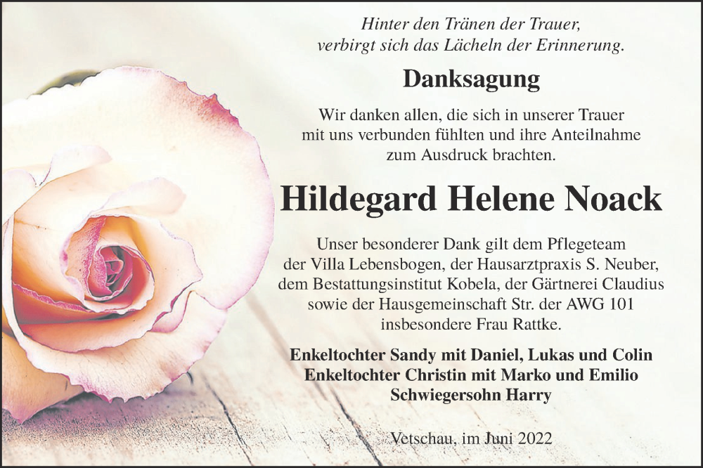  Traueranzeige für Hildegard Helene Noack vom 11.06.2022 aus lausitzer_rundschau
