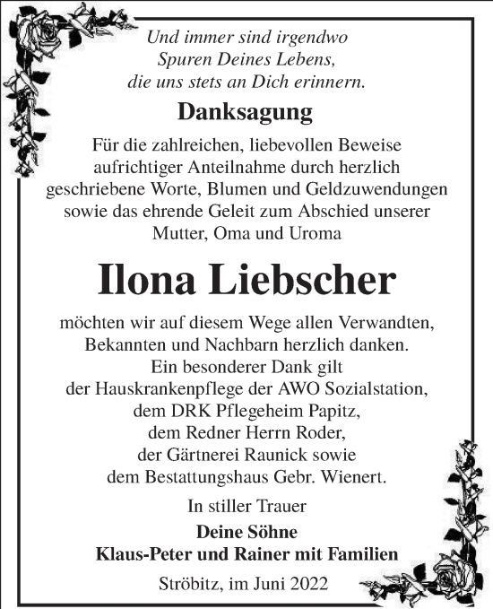 Traueranzeige von Ilona Liebscher von lausitzer_rundschau