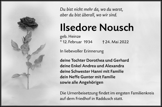 Traueranzeige von Ilsedore Nousch von lausitzer_rundschau