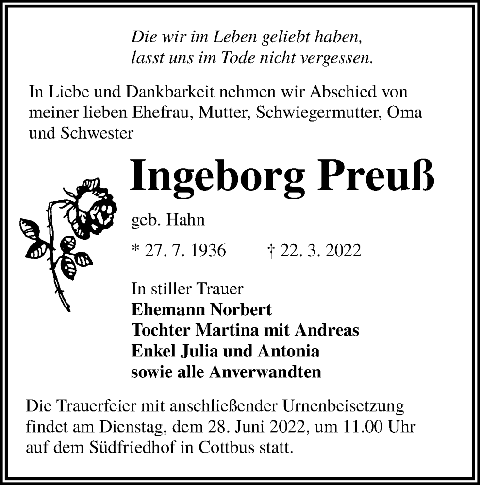  Traueranzeige für Ingeborg Preuß vom 18.06.2022 aus lausitzer_rundschau