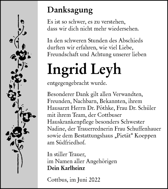 Traueranzeige von Ingrid Leyh von lausitzer_rundschau