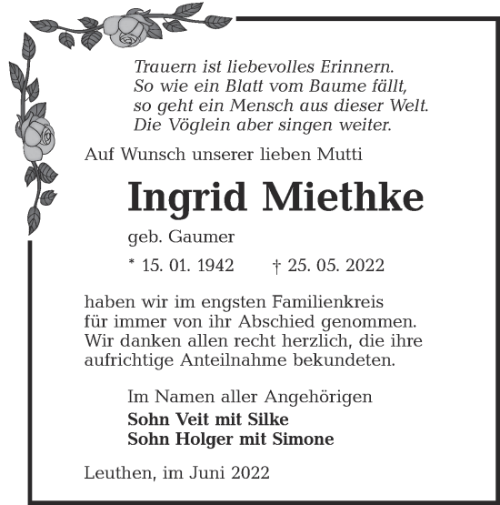 Traueranzeige von Ingrid Miethke von lausitzer_rundschau