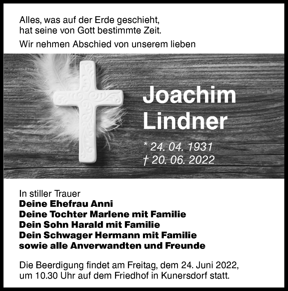  Traueranzeige für Joachim Lindner vom 22.06.2022 aus lausitzer_rundschau