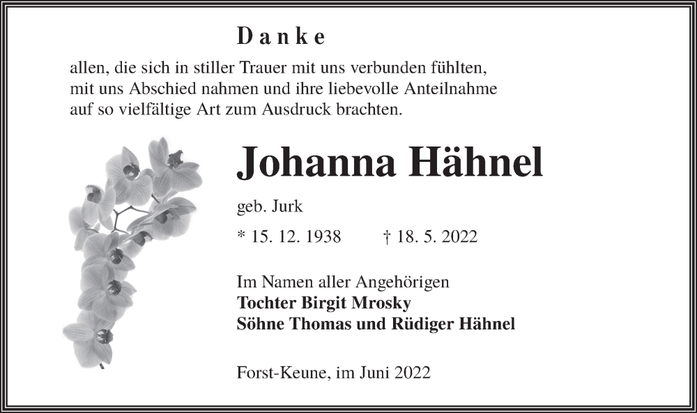 Traueranzeige für Johanna Hähnel vom 25.06.2022 aus lausitzer_rundschau