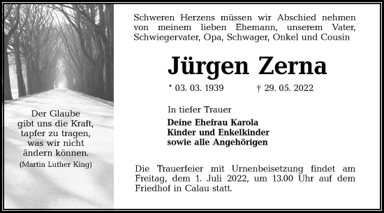 Traueranzeige von Jürgen Zerna von lausitzer_rundschau