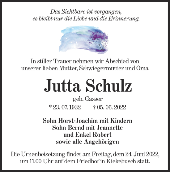 Traueranzeige von Jutta Schulz von lausitzer_rundschau
