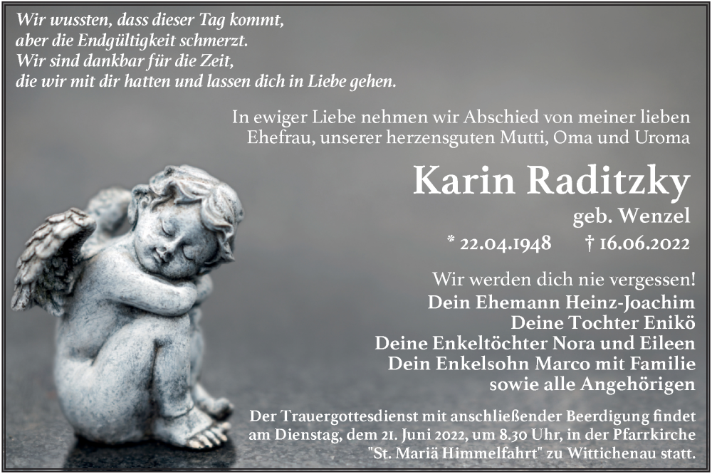  Traueranzeige für Karin Raditzky vom 20.06.2022 aus lausitzer_rundschau