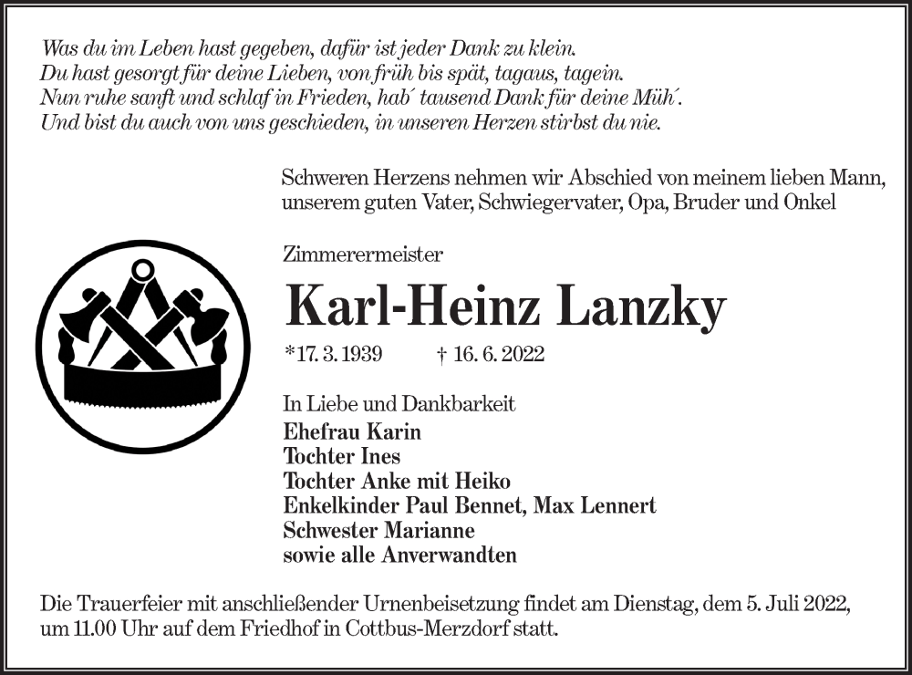  Traueranzeige für Karl-Heinz Lanzky vom 22.06.2022 aus lausitzer_rundschau