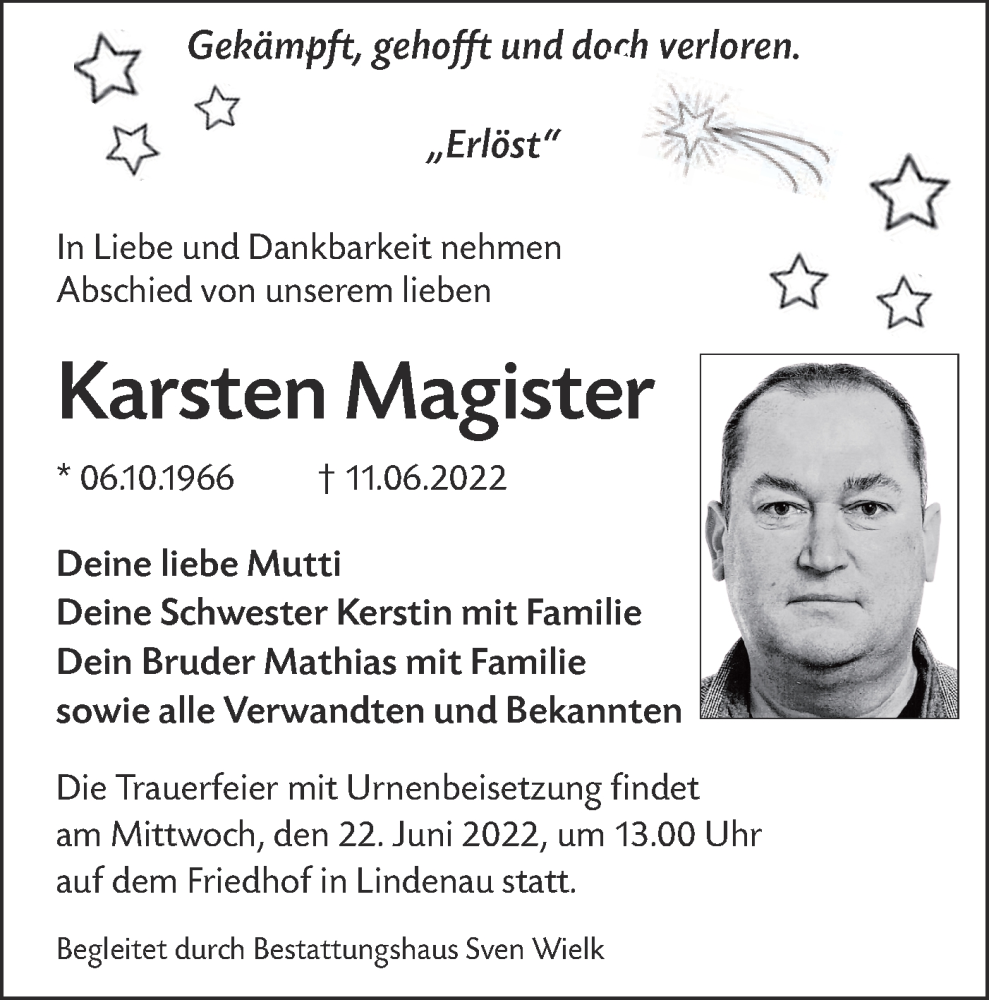  Traueranzeige für Karsten Magister vom 18.06.2022 aus lausitzer_rundschau