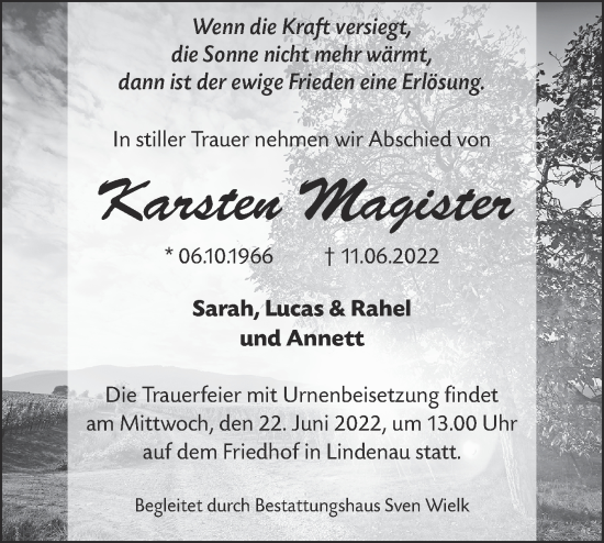Traueranzeige von Karsten Magister von lausitzer_rundschau