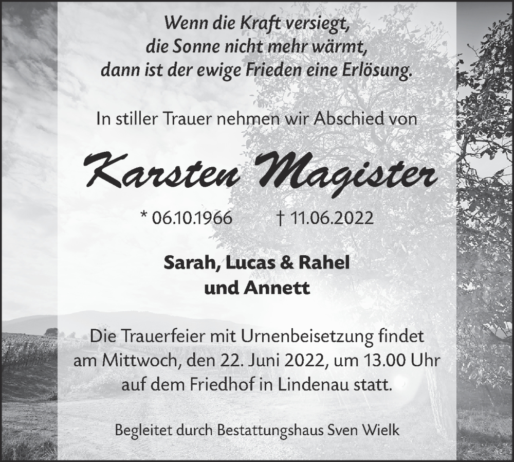  Traueranzeige für Karsten Magister vom 18.06.2022 aus lausitzer_rundschau