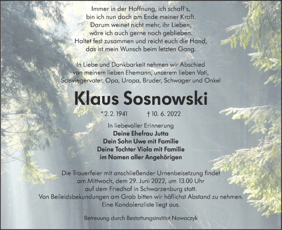 Traueranzeige von Klaus Sosnowski von lausitzer_rundschau