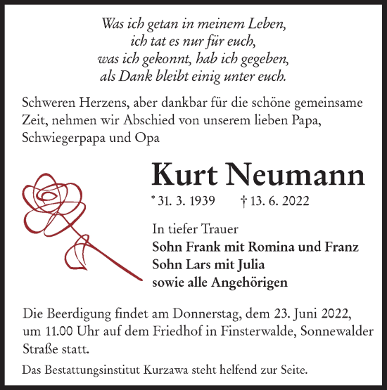 Traueranzeige von Kurt Neumann von lausitzer_rundschau