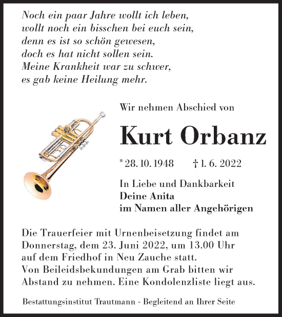 Traueranzeige von Kurt Orbanz von lausitzer_rundschau