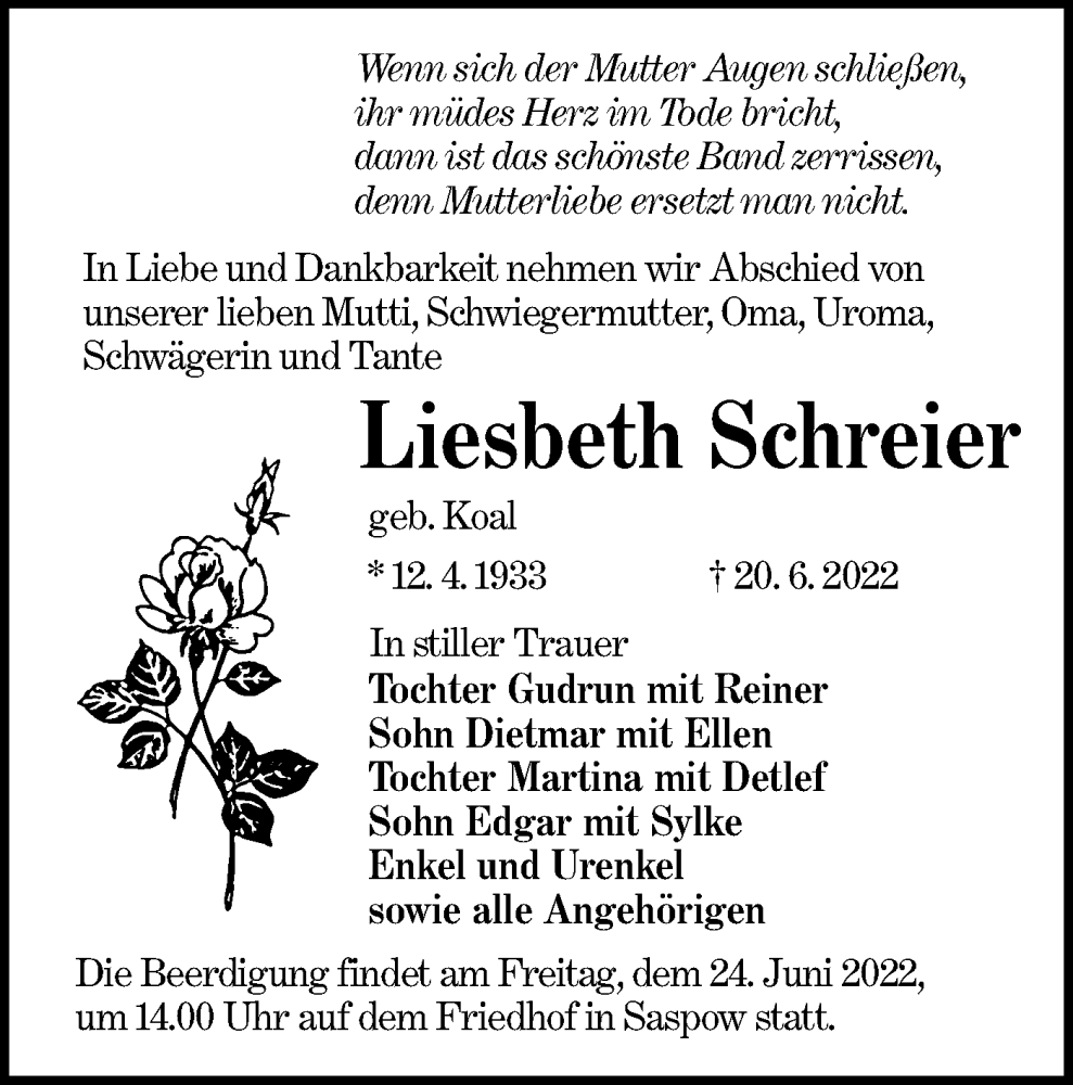  Traueranzeige für Liesbeth Schreier vom 22.06.2022 aus lausitzer_rundschau