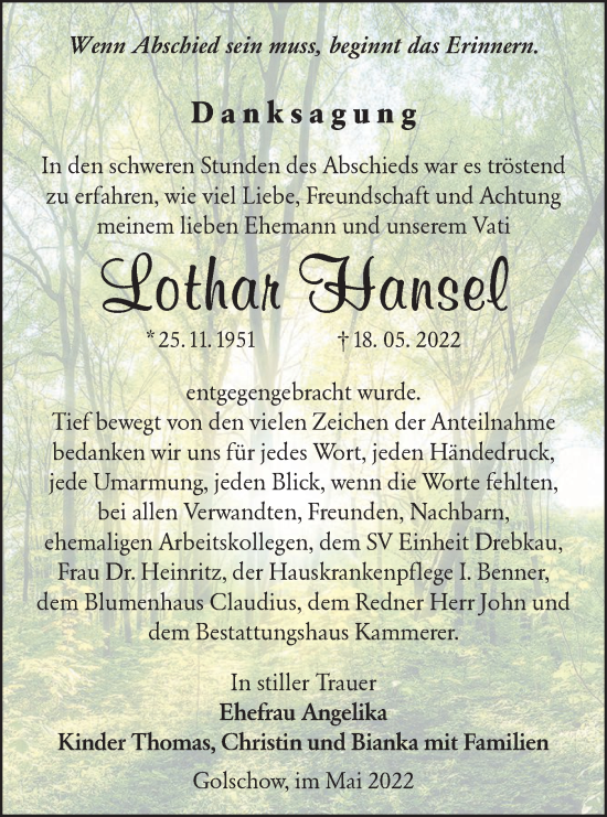 Traueranzeige von Lothar Hansel von lausitzer_rundschau