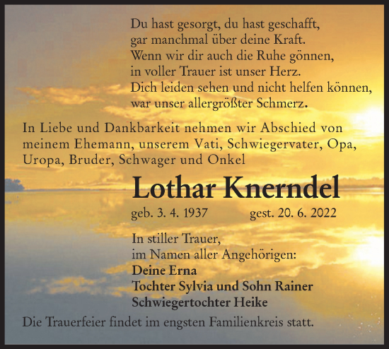 Traueranzeige von Lothar Knerndel von lausitzer_rundschau